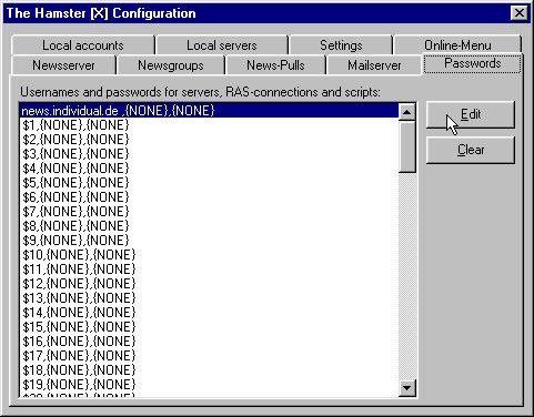 Menü: File / Configuration / Passwords / Edit - Benutzername und Passwort für den Newsserver