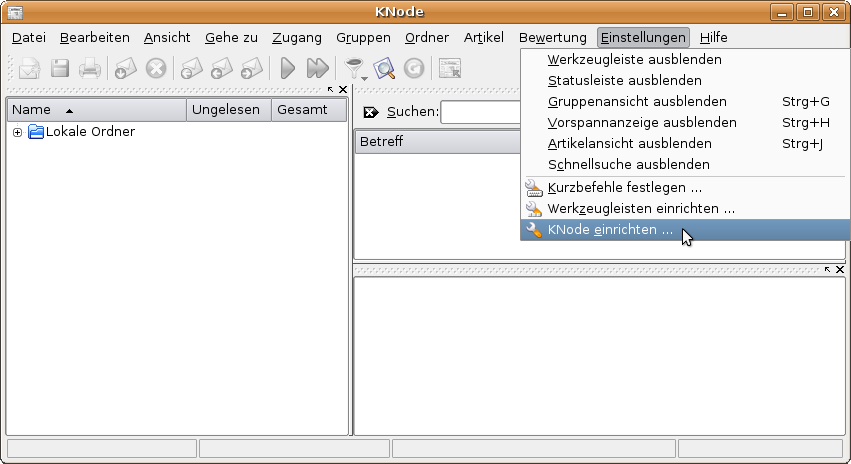 Menü: Einstellungen - KNode einrichten...