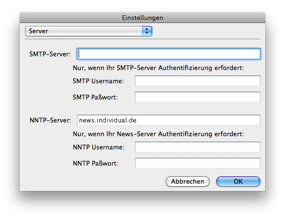 Einstellungen Server - Eingabe des Newsservers und der Nutzerdaten