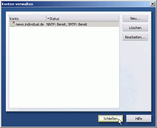 Fenster: Konto verwalten - Schliessen