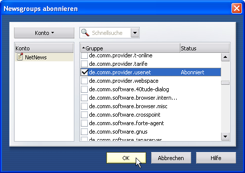 Auswahl zu abonnierender Newsgruppen