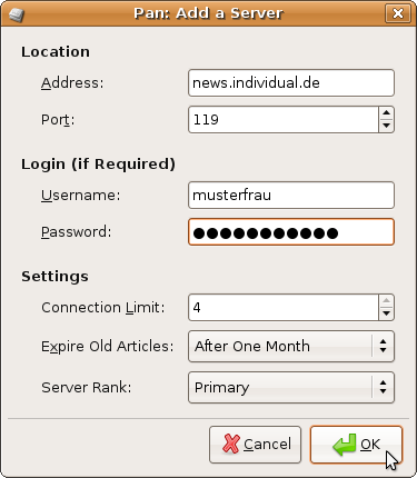 Angaben zum Newsserver eintragen