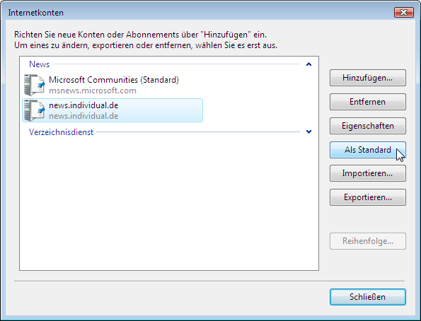 Newsgruppenkonto als Standard wählen